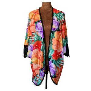 Vintage Body Chic Open Robe Short Kimono Colorful Hibiscus Tropical Size M Lace